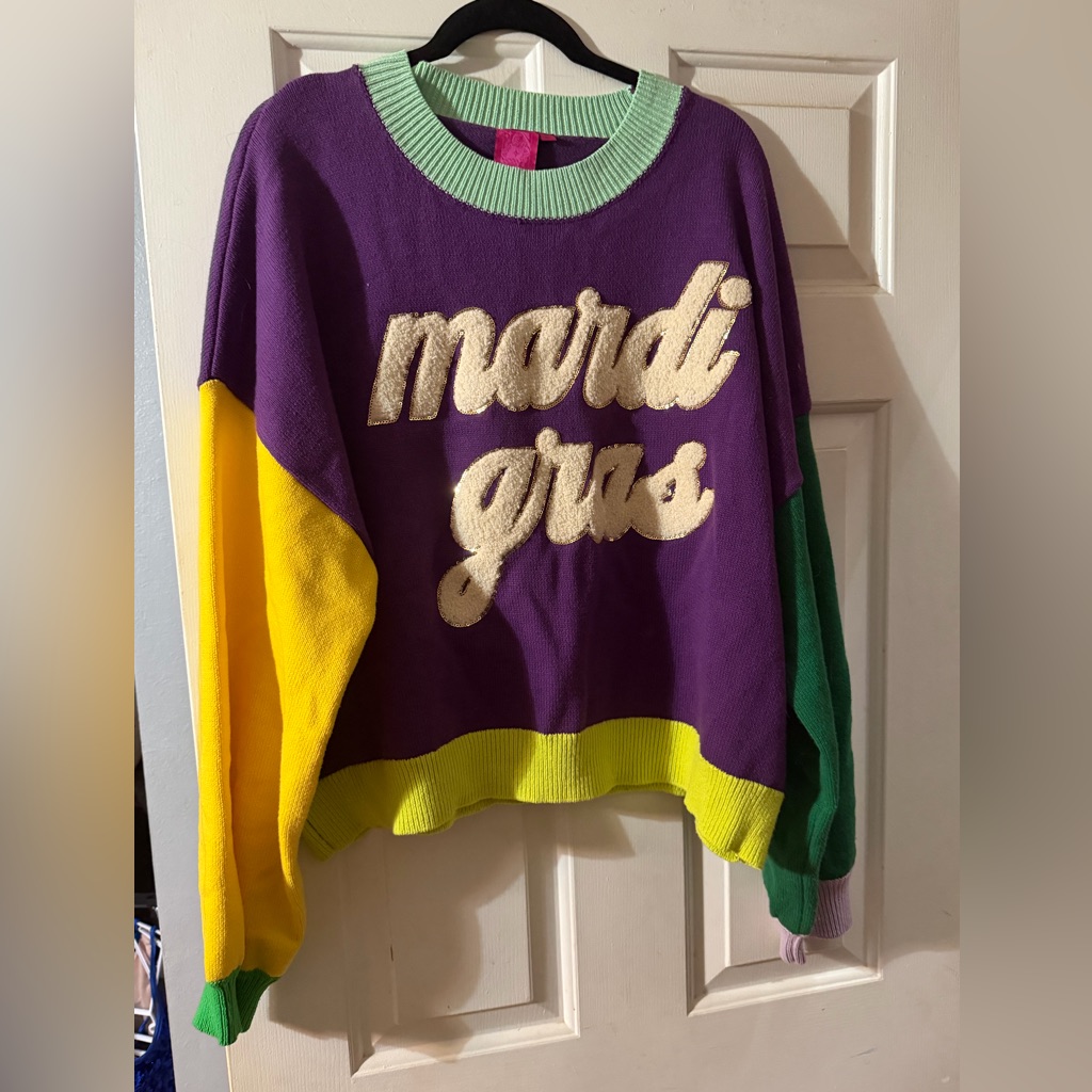 Queen Of Sparkles Mardi Gras Sz Xl Purple Sweater With Mint Trim